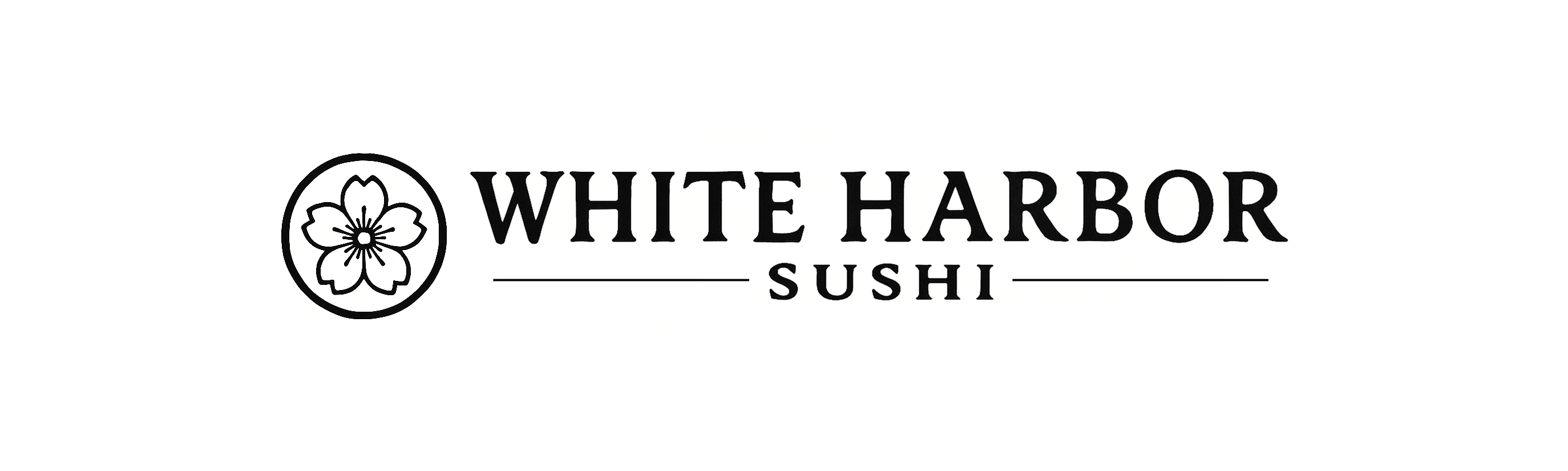 White Harbor Sushi banner with sushi rolls, white wine, soy sauce, and wasabi