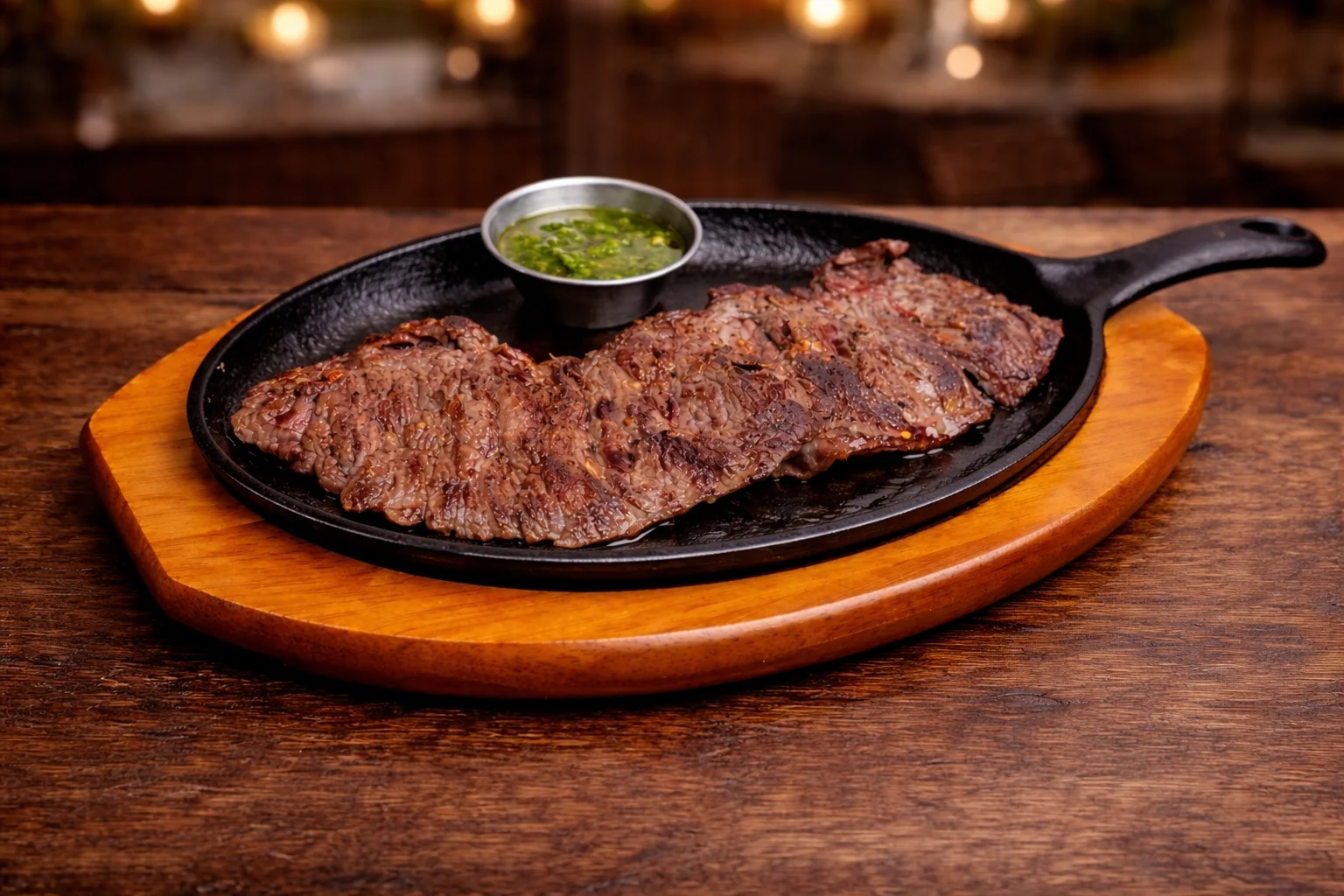Sizzling Argentine flank steak with chimichurri sauce