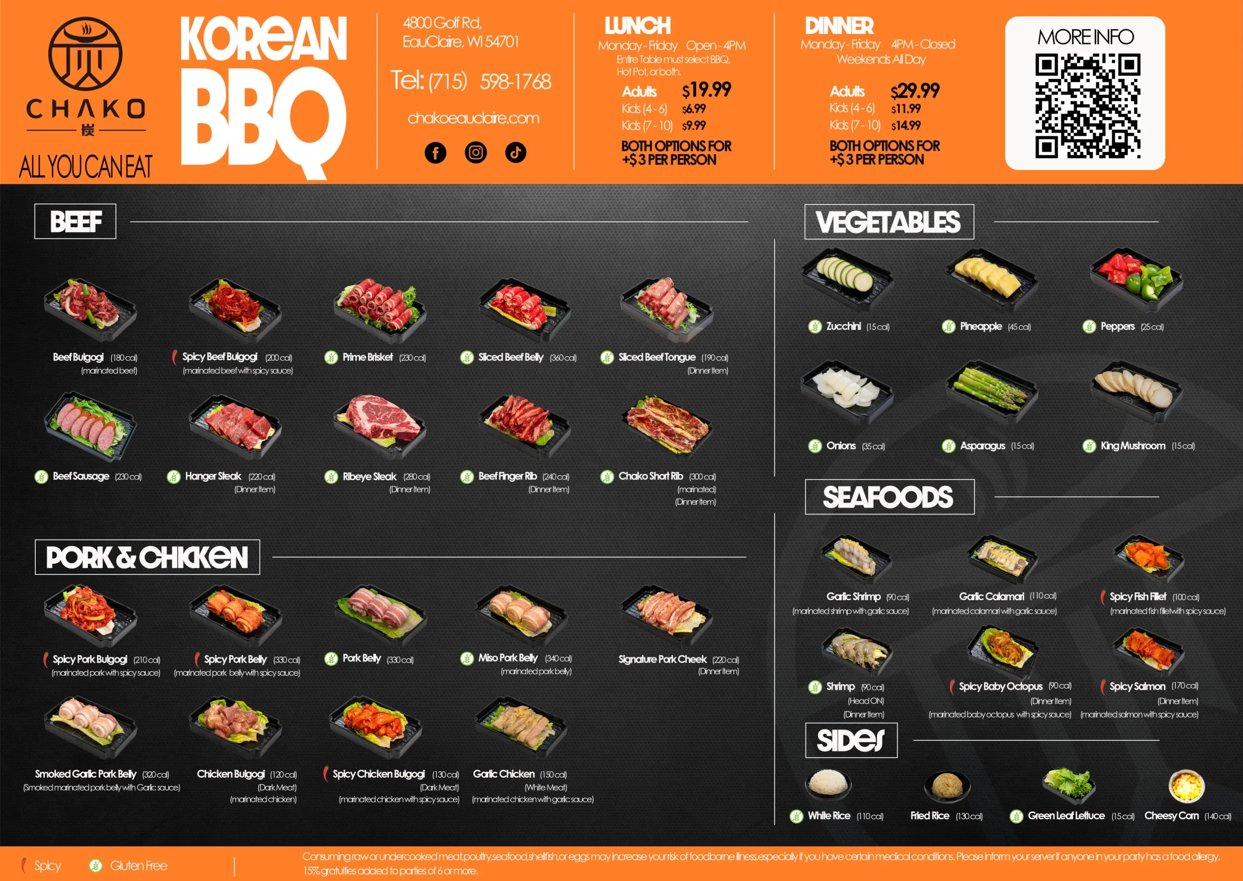 Chako BBQ menu featuring a variety of grilled dishes and beverages.