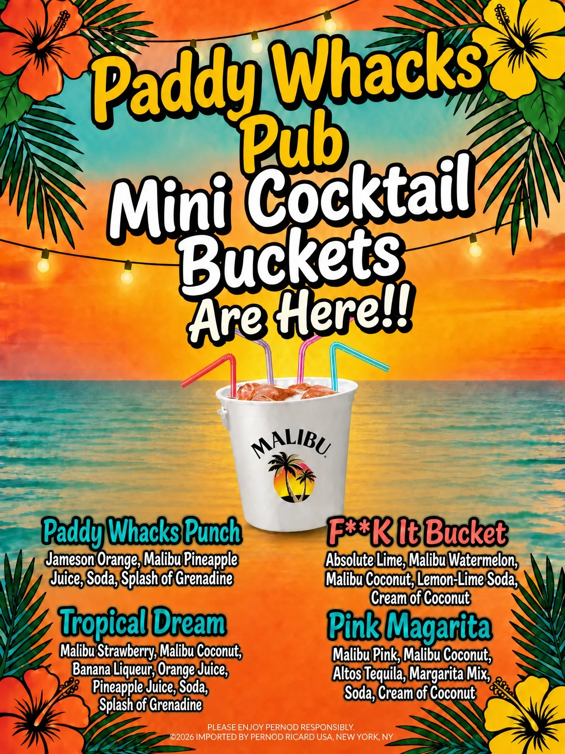 Colorful mini cocktail buckets at a lively pub