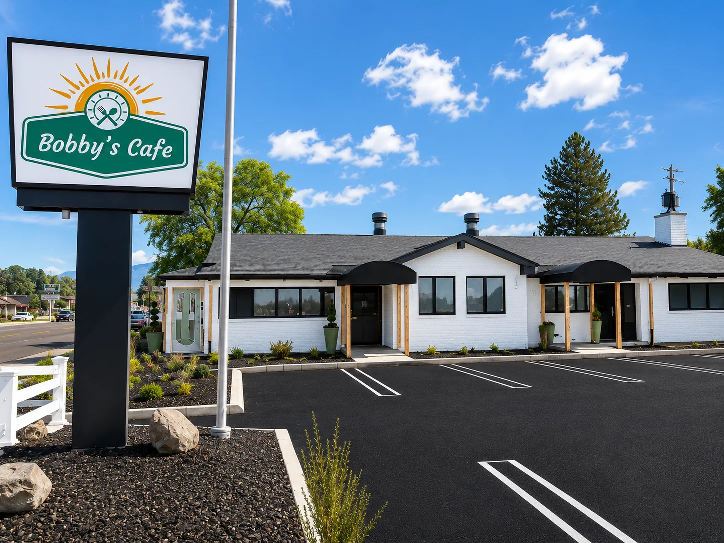 Exterior view of Bobby's Cafe with modern design and signage