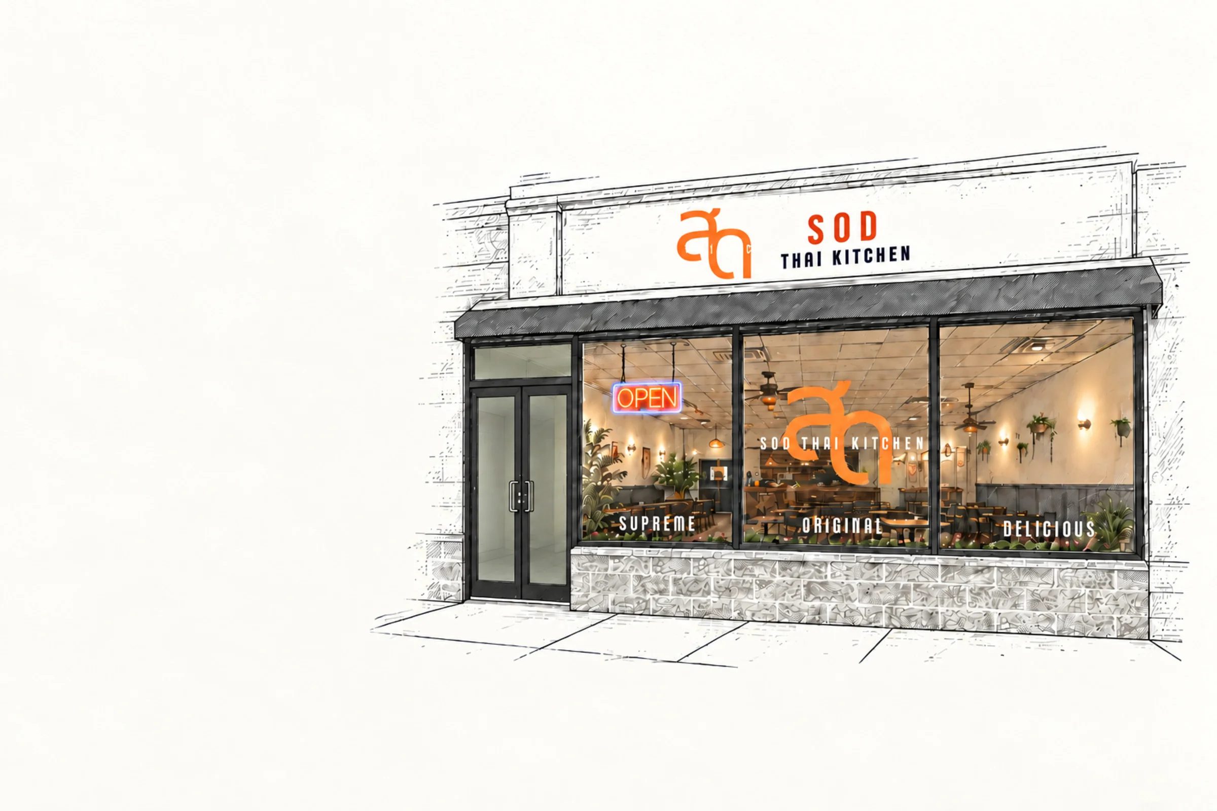 Exterior view of Sod Thai Kitchen restaurant with open sign and modern design