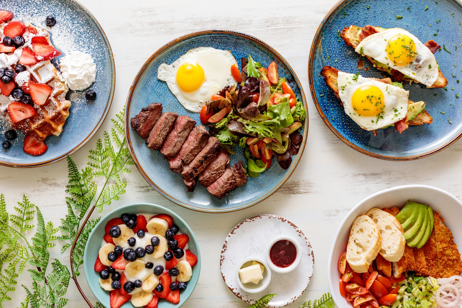 Hearty breakfast platter with steak and eggs