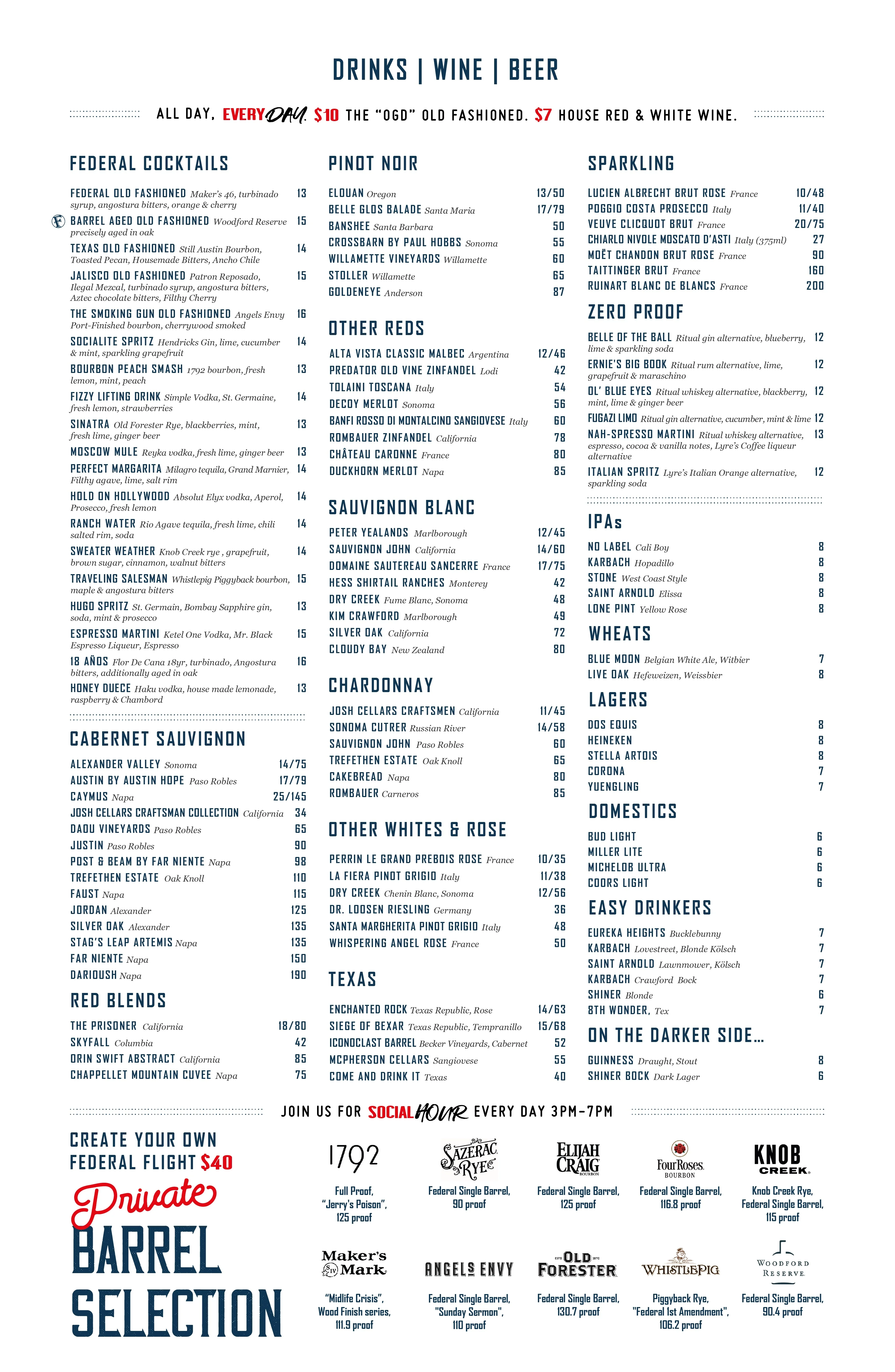 Comprehensive drink menu featuring cocktails, wines, and beers