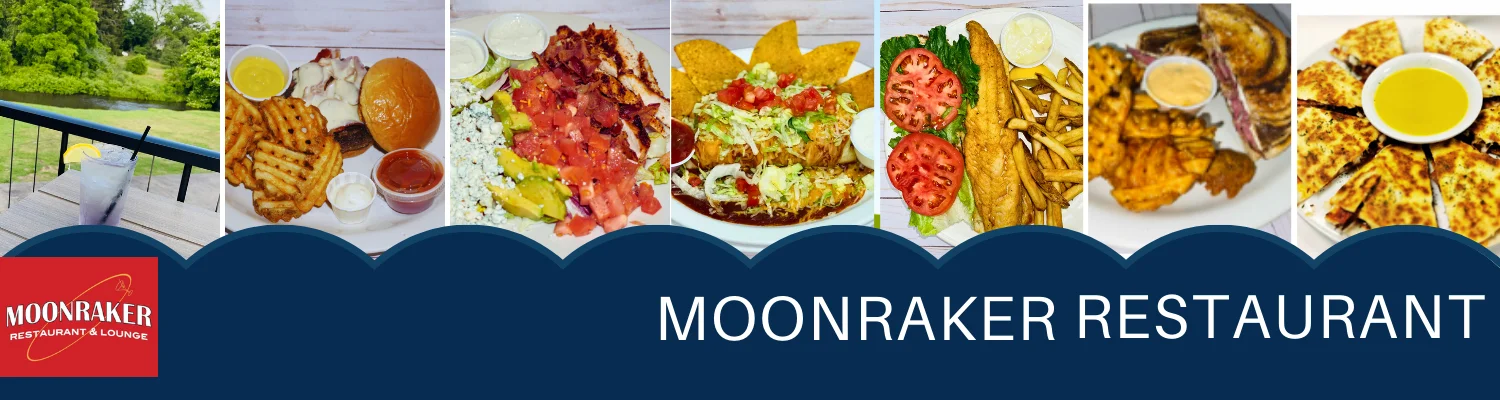 Variety of dishes at Moonraker Restaurant including burgers and tacos