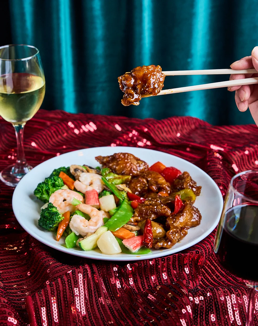 Chinese sweet and sour chicken with mixed vegetables
