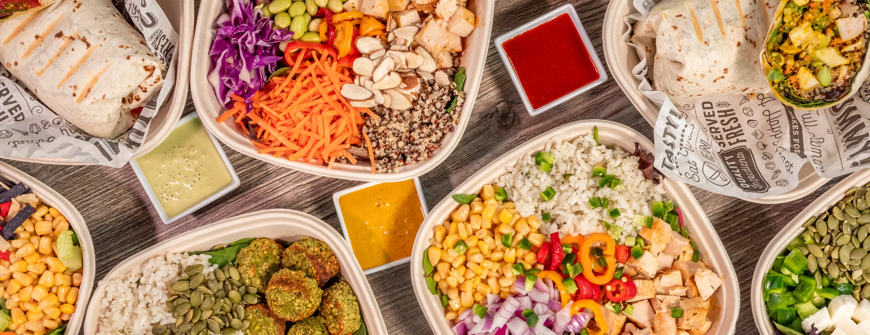 Warm bowls, salads, wraps, sauces, homemade, custom bowl, rice bowl, vegan, vegetarian, chicken, fresh food 