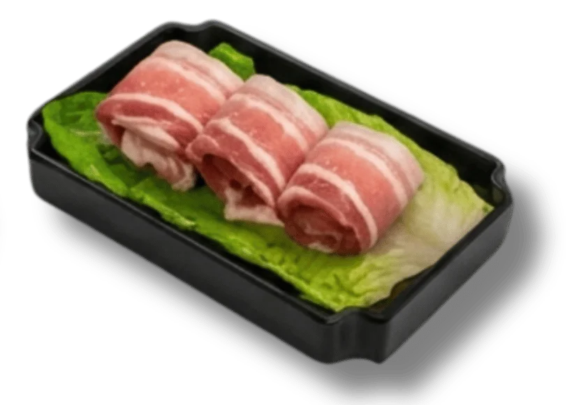 Three rolls of pork belly on a bed of lettuce in a black tray.