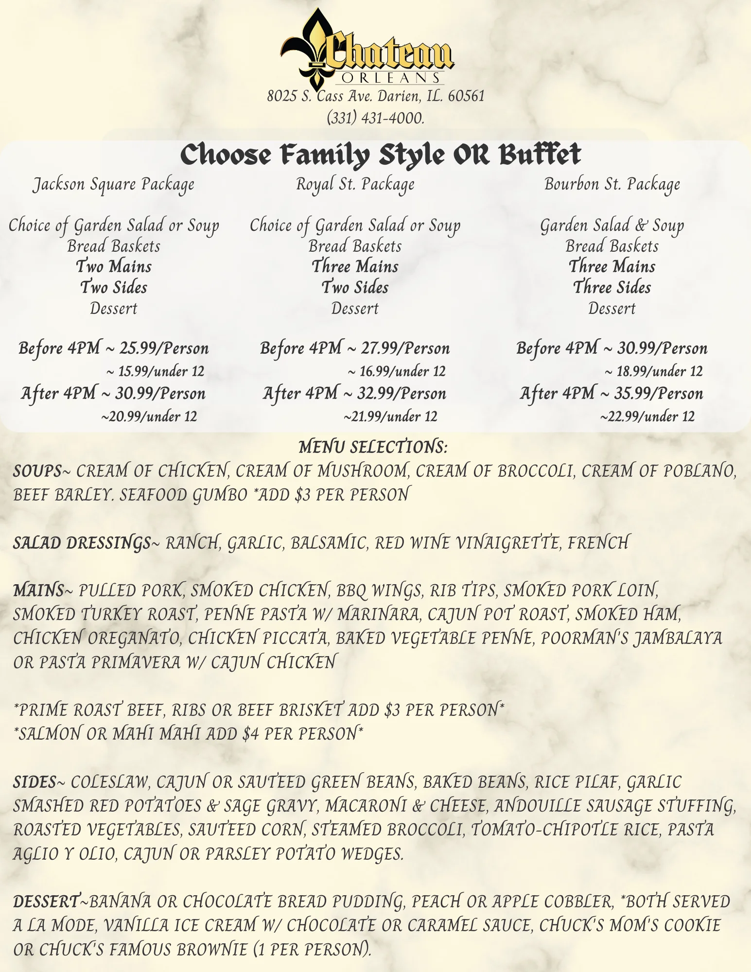 Menu for family-style dining packages at a restaurant