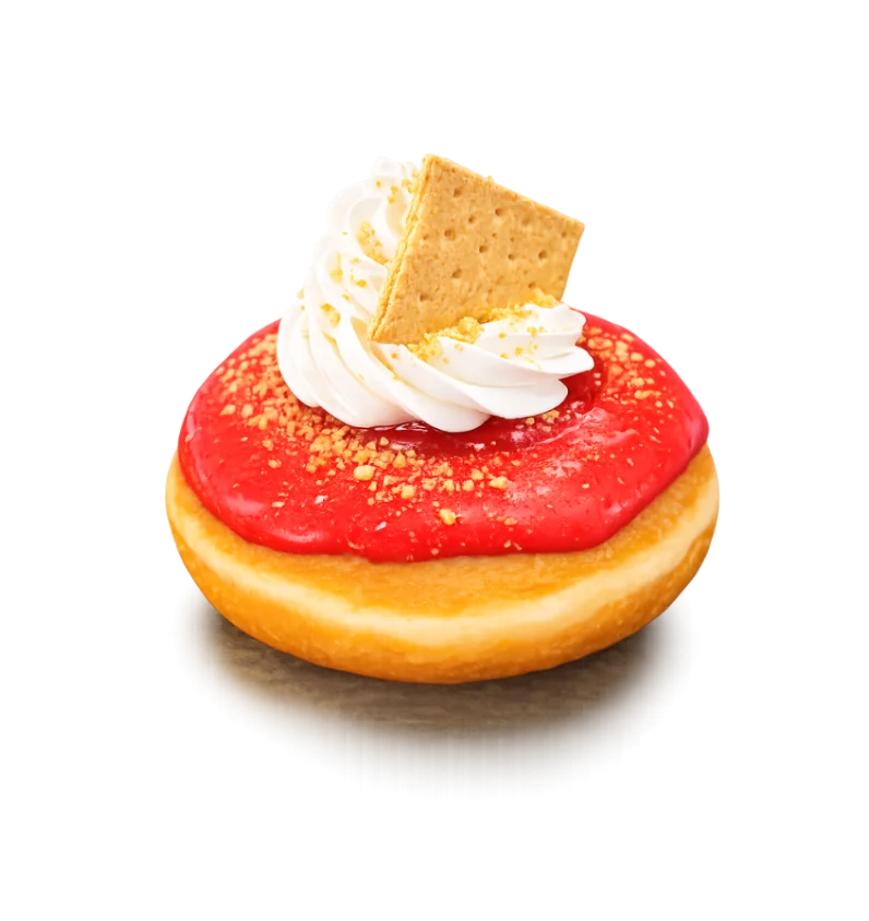 Strawberry Cheesecake brioche donut with strawberry glaze, whipped cream, and graham cracker crumble