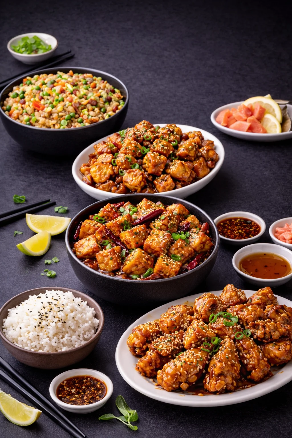 Chinese sweet and sour tofu with rice and vegetables