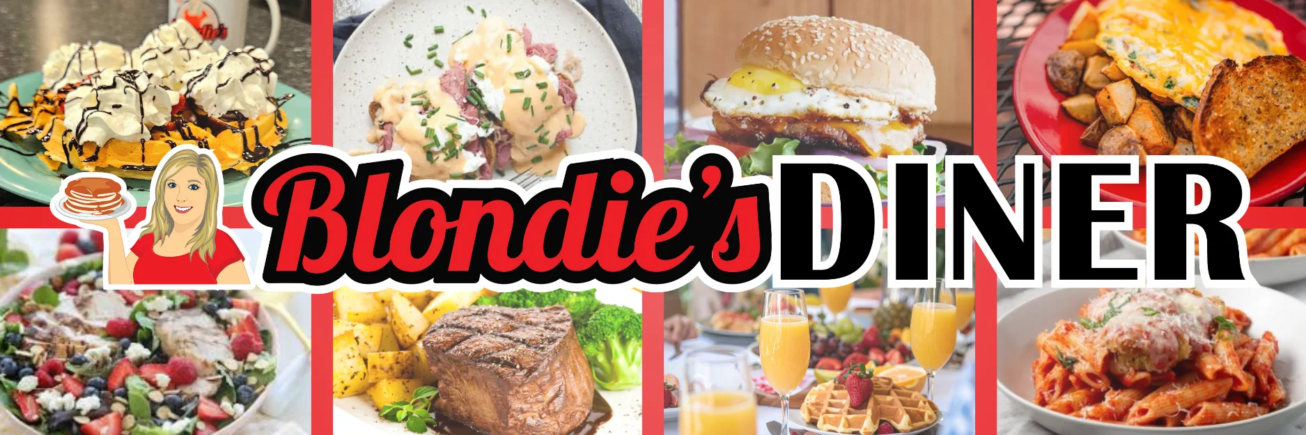 Diner spread featuring classic American breakfast and brunch dishes