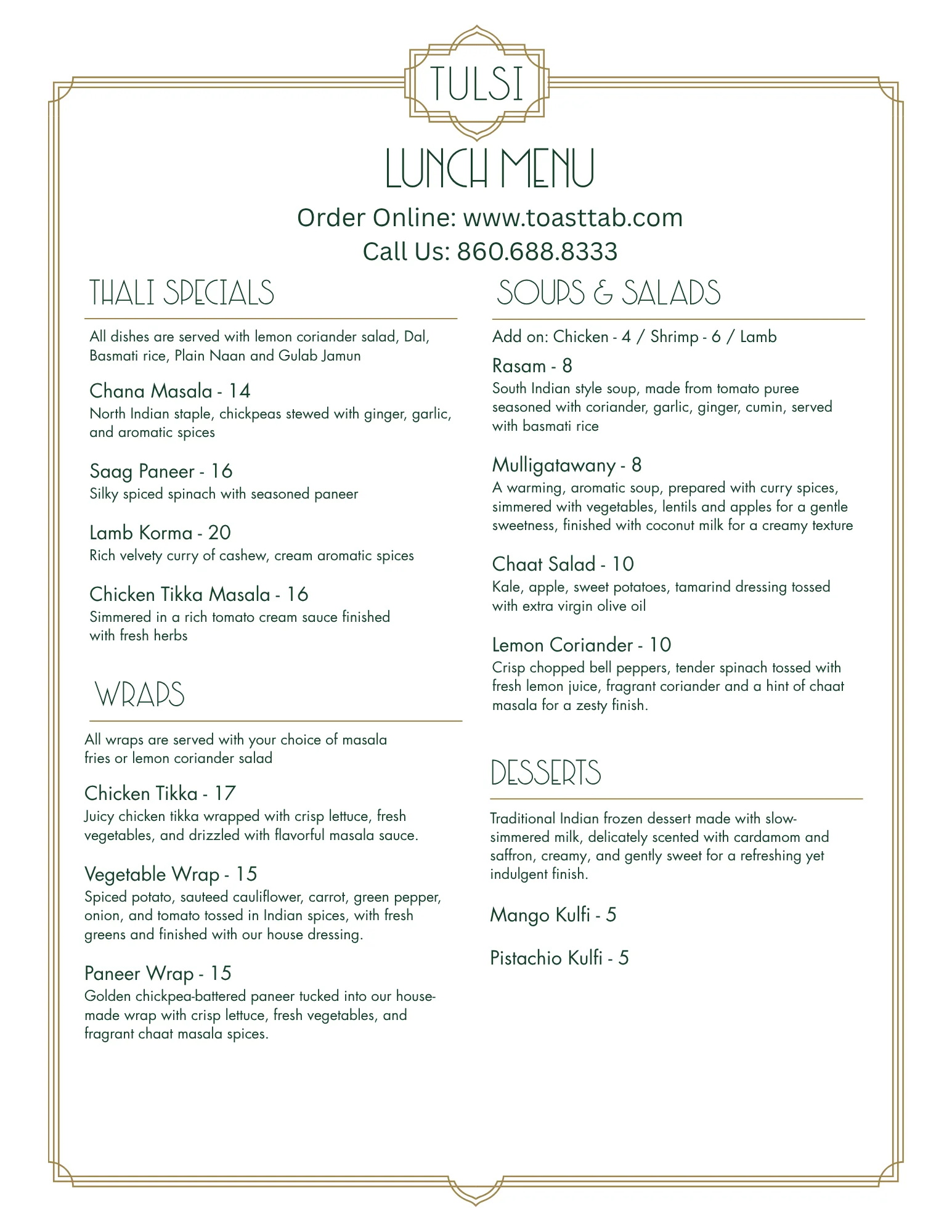 Indian restaurant lunch menu featuring curries, wraps, soups, salads, and kulfi