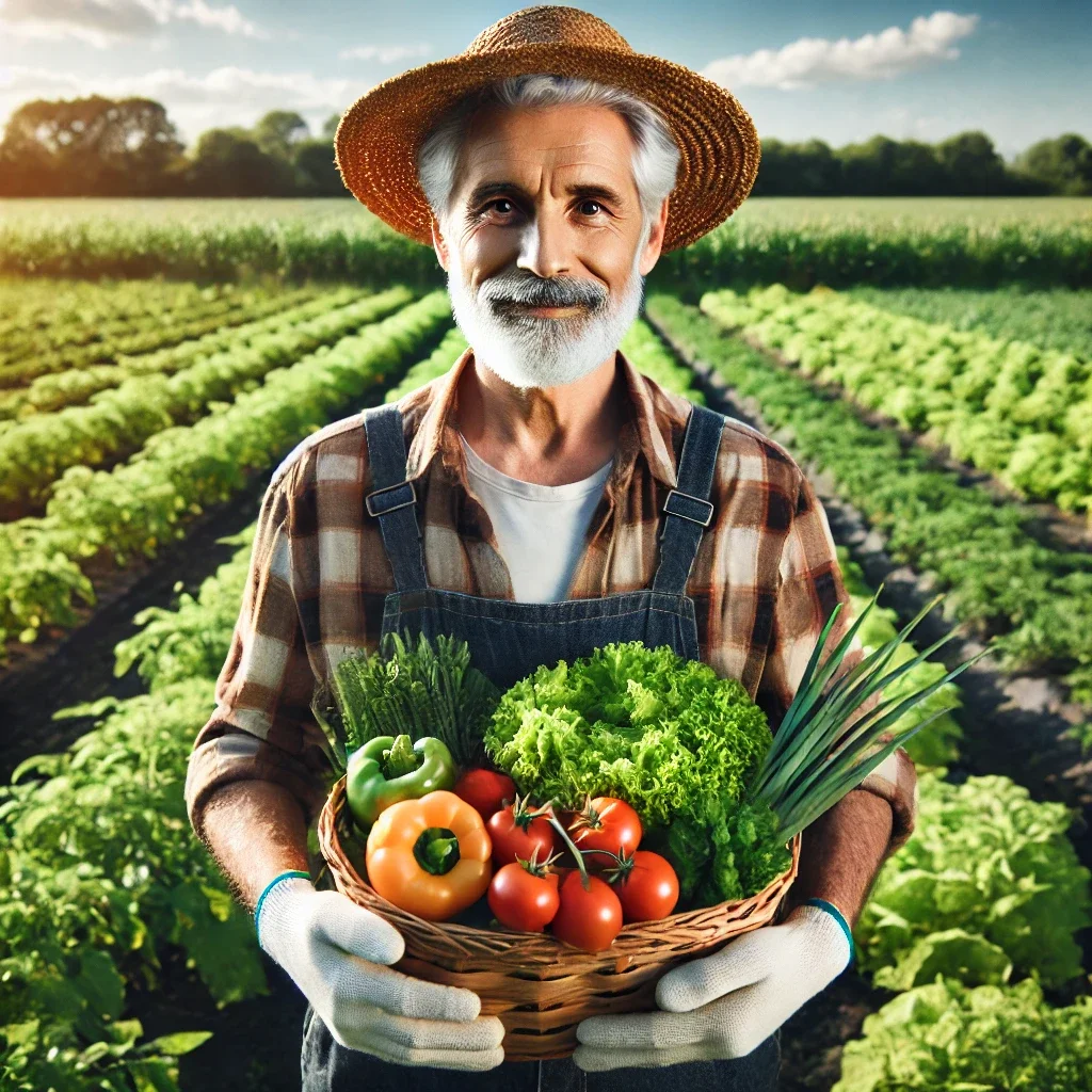 Smiling farmer holding a basket of fresh vegetables in a lush field
