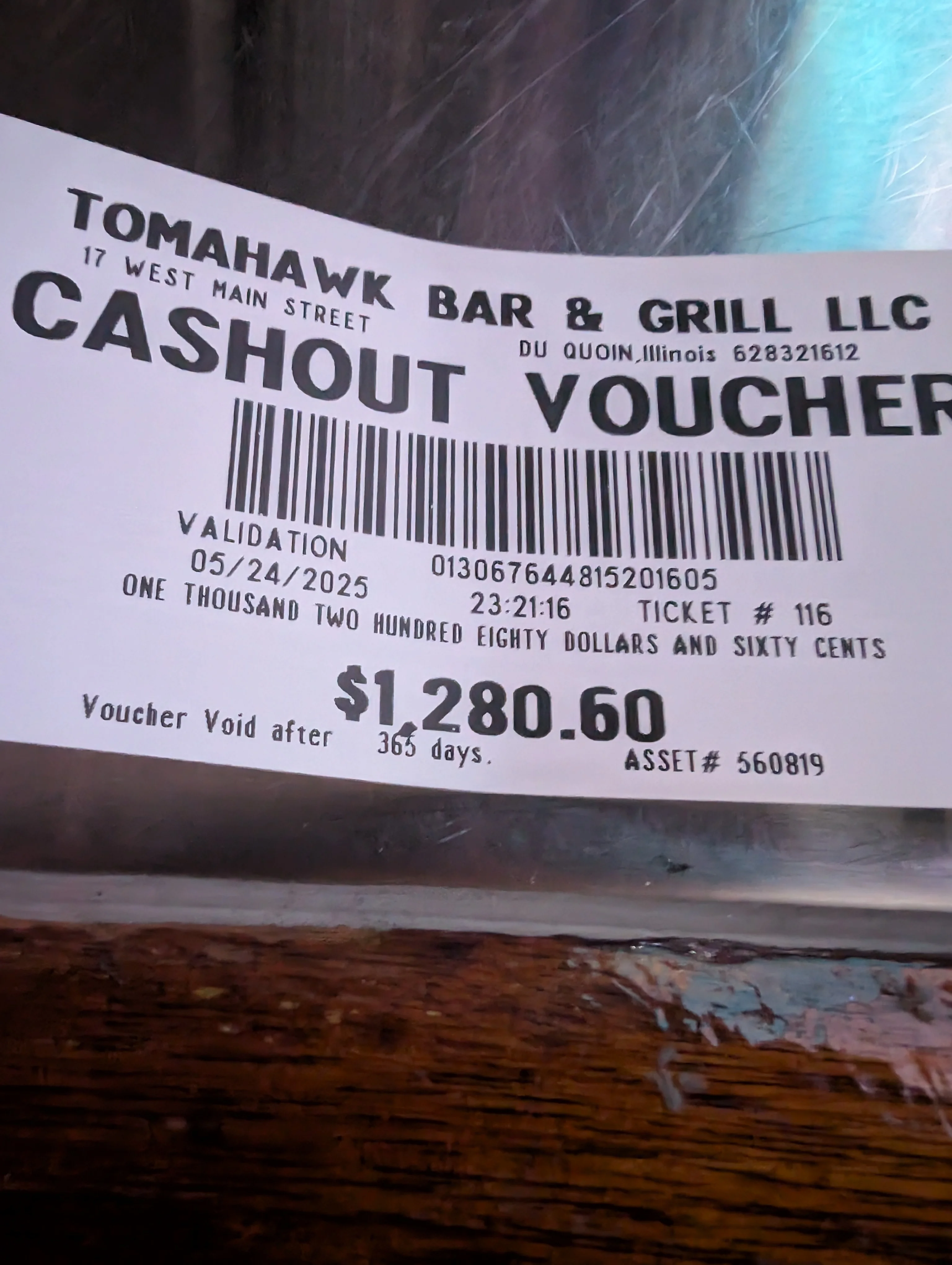Cashout voucher from Tomahawk Bar & Grill in Du Quoin, Illinois