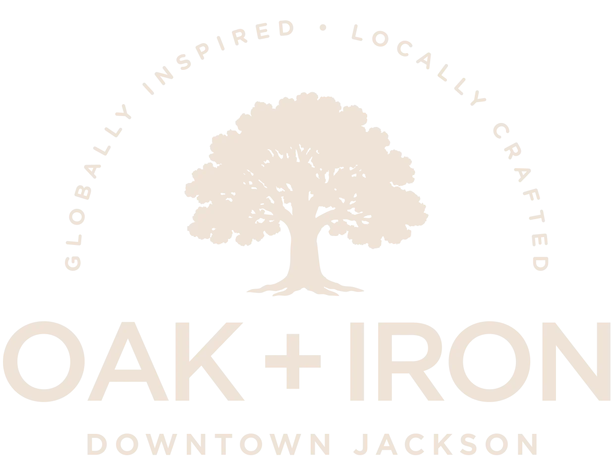 White logo with tree and arched text