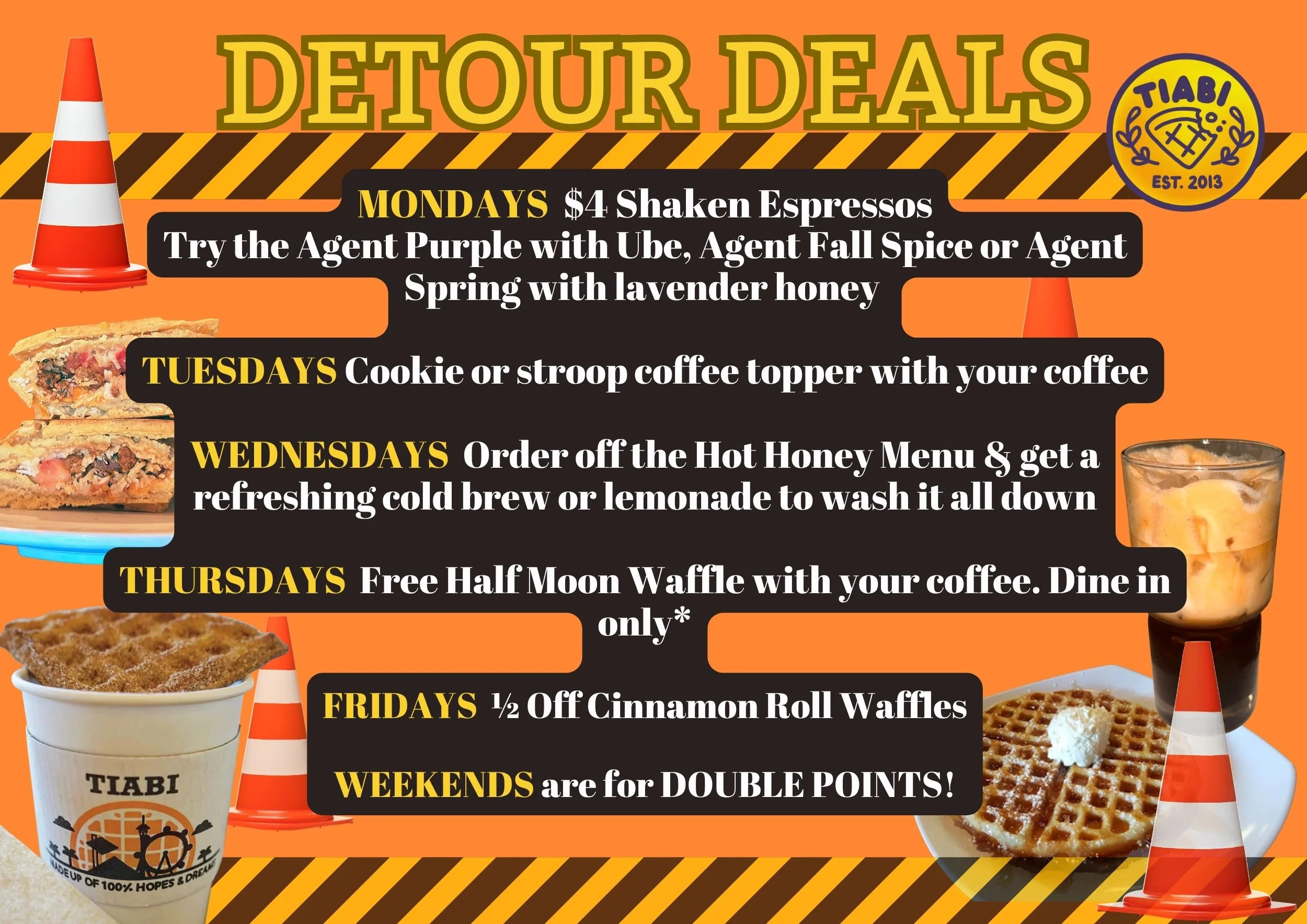 Colorful promotional menu for weekly coffee deals at a café