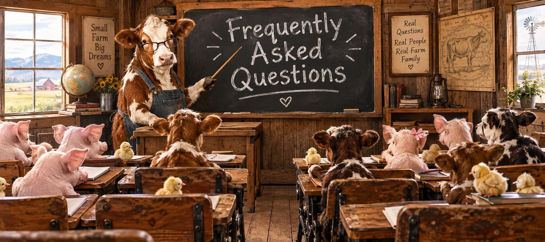Cow teaching farm animals in a rustic classroom setting