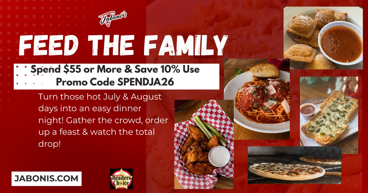 Family-style Italian feast with pasta and wings