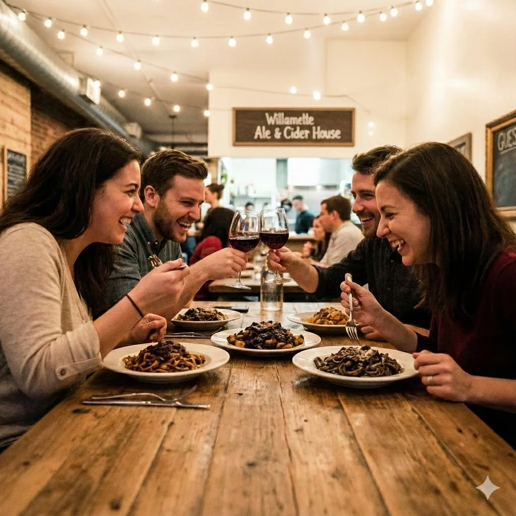 Cozy restaurant dining with pasta dishes and wine
