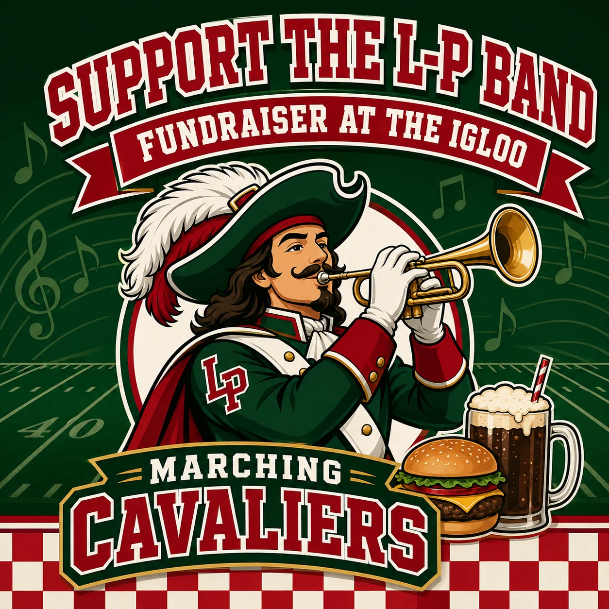 Illustration promoting L-P Band fundraiser with a musician and food elements