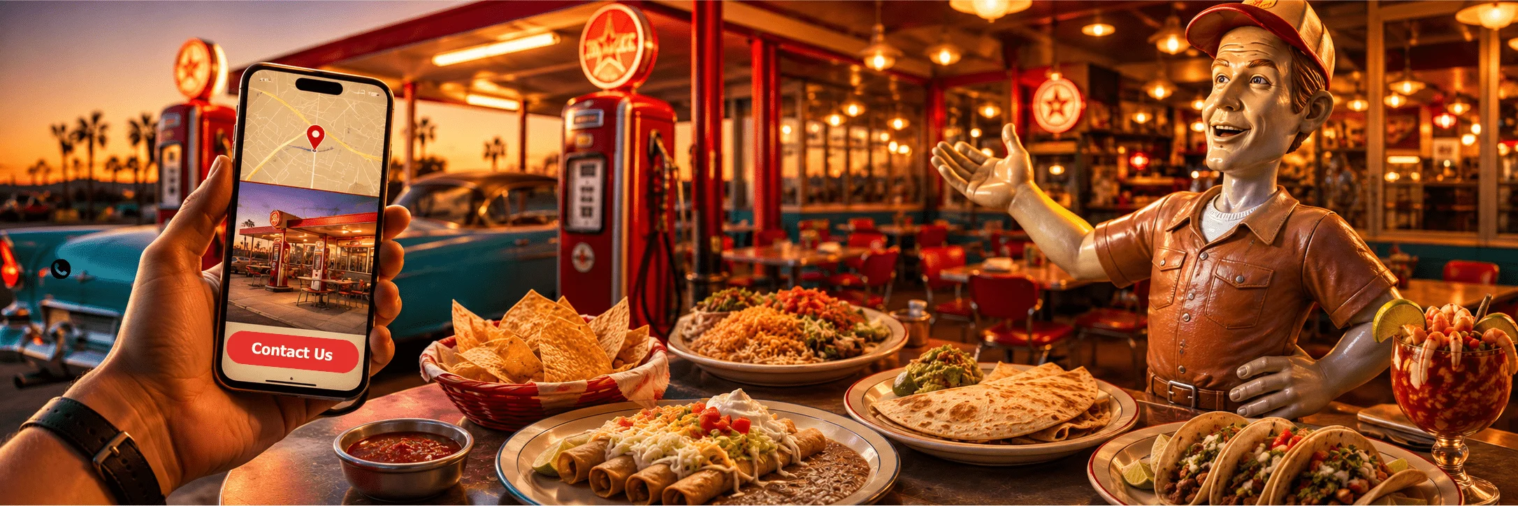 Colorful Mexican feast with tacos, enchiladas, and drinks
