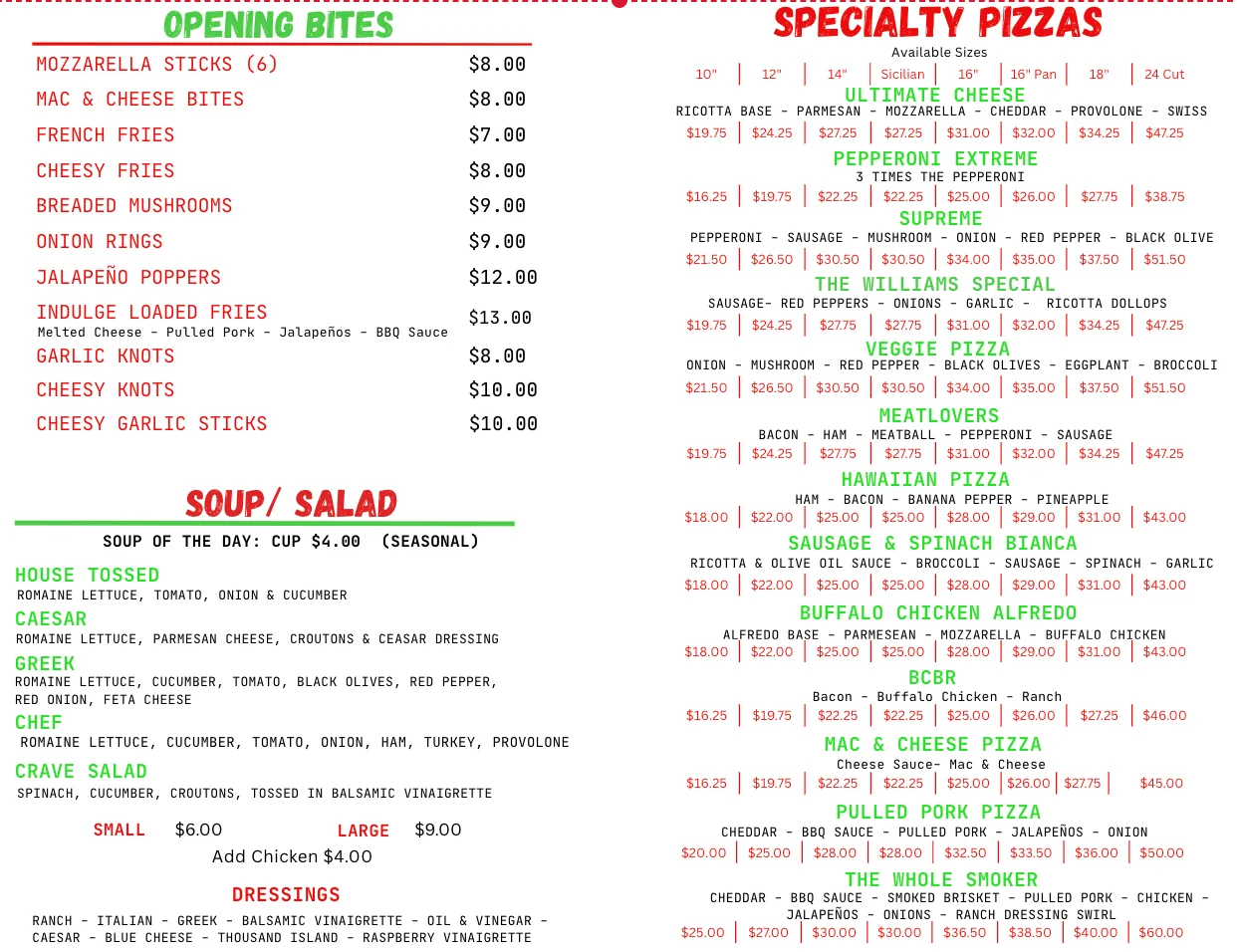 Menu featuring a variety of pizzas and appetizers in a casual dining setting