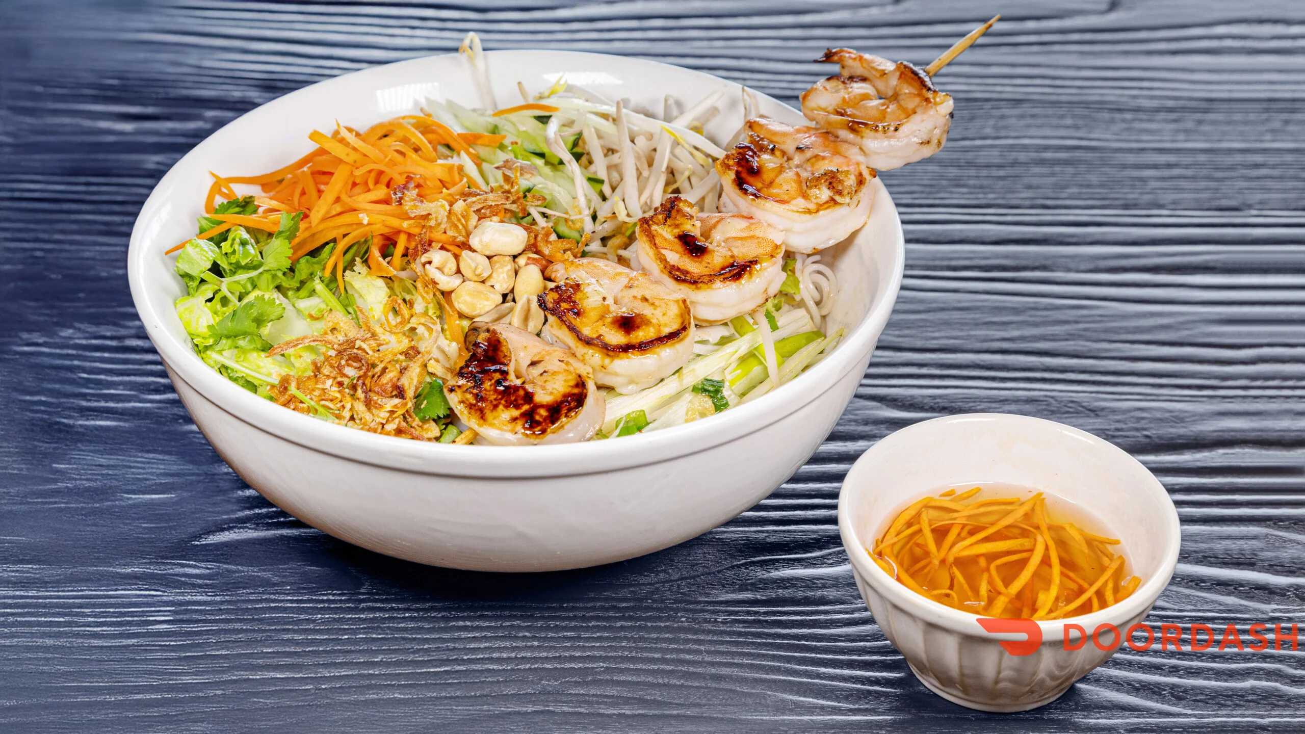 Vietnamese grilled shrimp vermicelli bowl with fresh vegetables