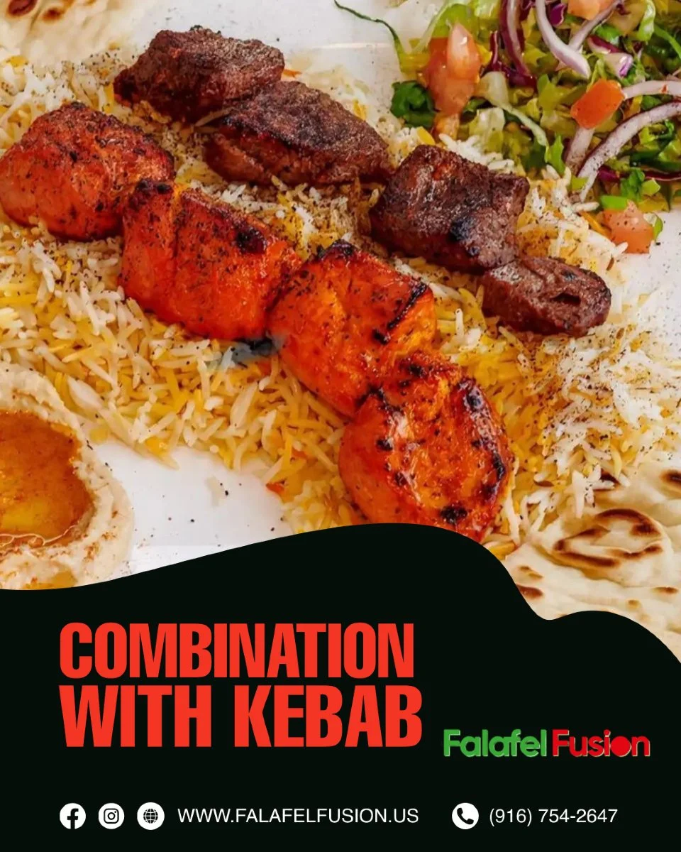Combination kebab platter with rice and salad