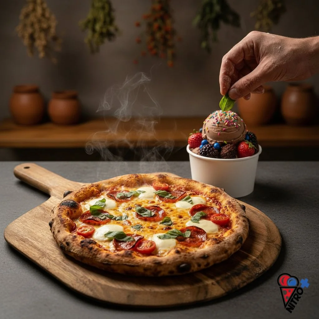A freshly baked pepperoni pizza topped with mozzarella and basil, served on a wooden pizza peel alongside a colorful dessert cup filled with ice cream and fruits.