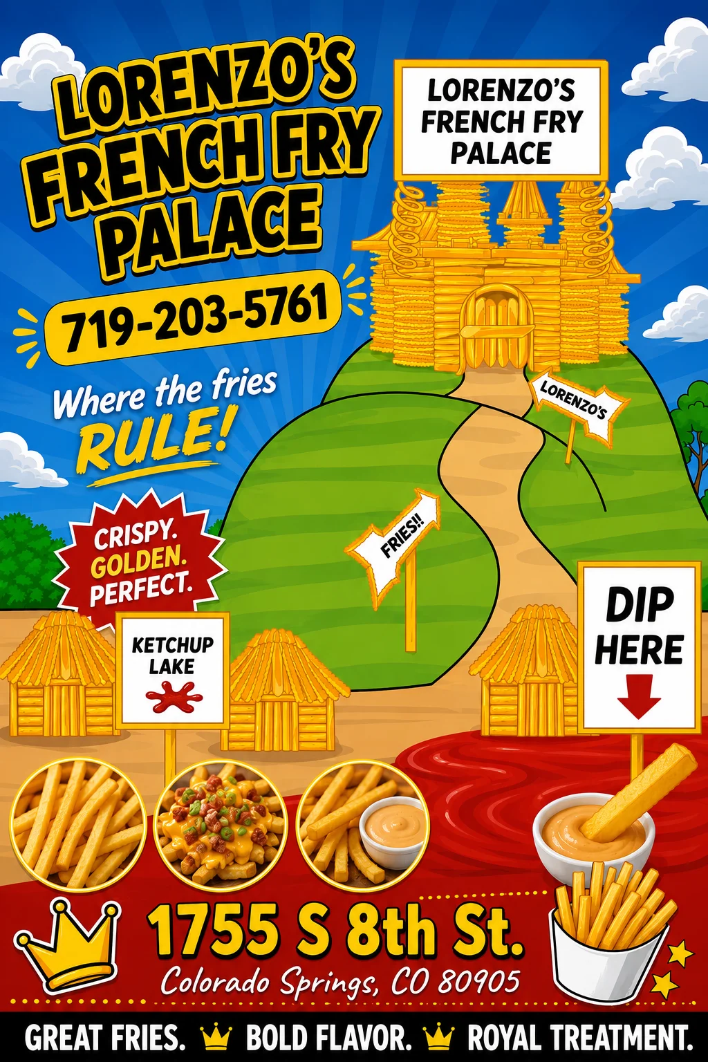 Colorful illustration of a French fry restaurant with playful design elements
