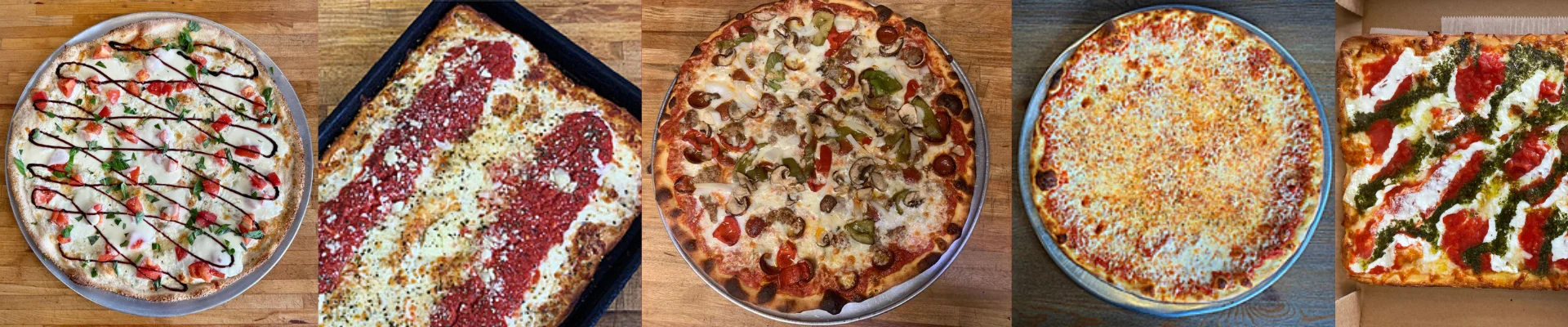 Variety of gourmet pizzas including Margherita and Sicilian styles