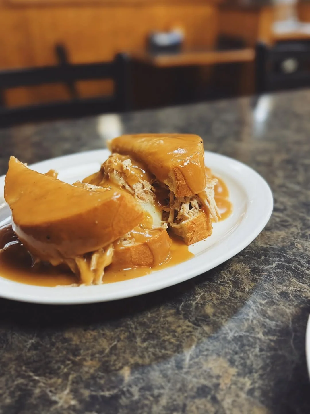 Savory pulled pork sandwich with gravy