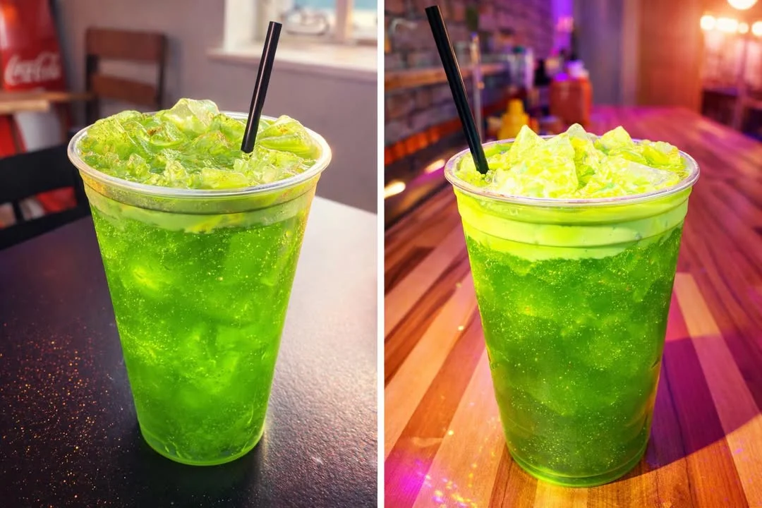 A translucent cup filled with a vibrant green drink, topped with ice and a black straw. The drink appears fizzy and refreshing.