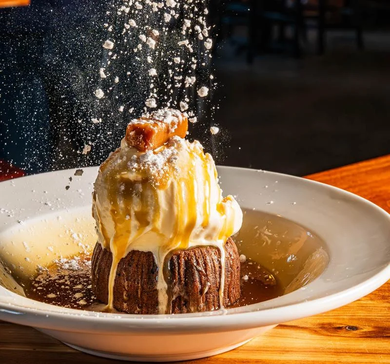 Decadent chocolate lava cake with vanilla ice cream