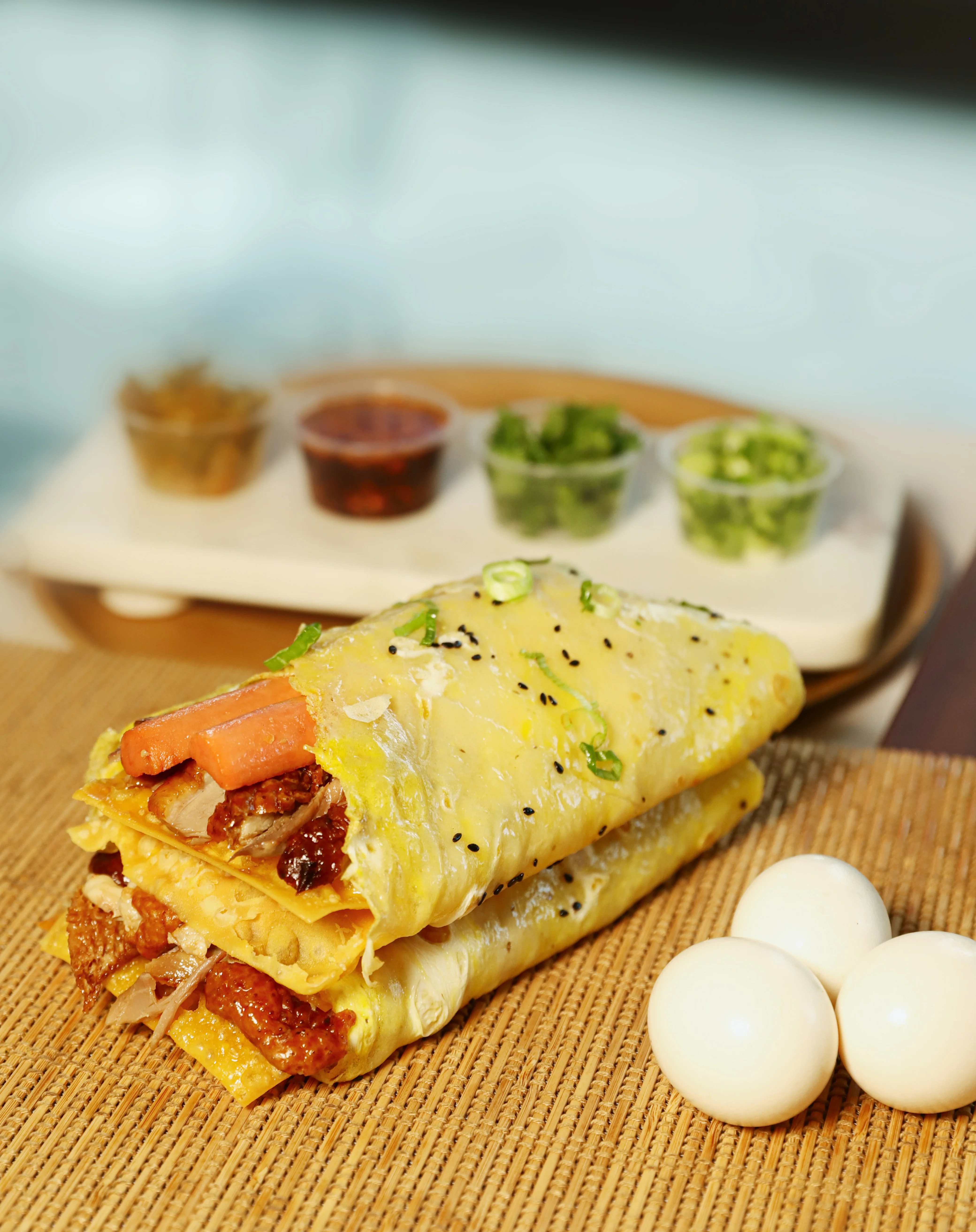 Chinese jianbing crepe with savory fillings