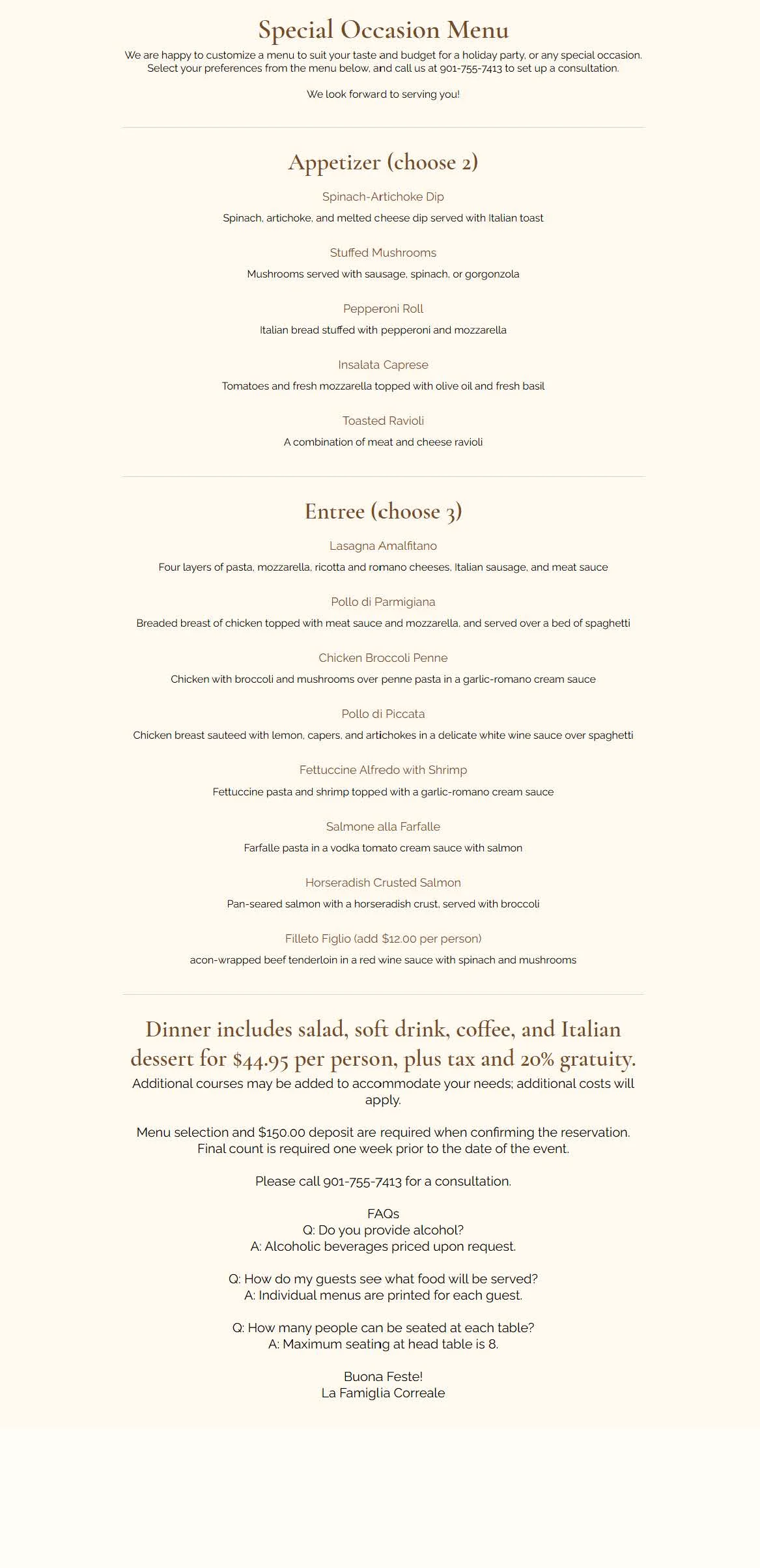 Special occasion menu featuring Italian cuisine