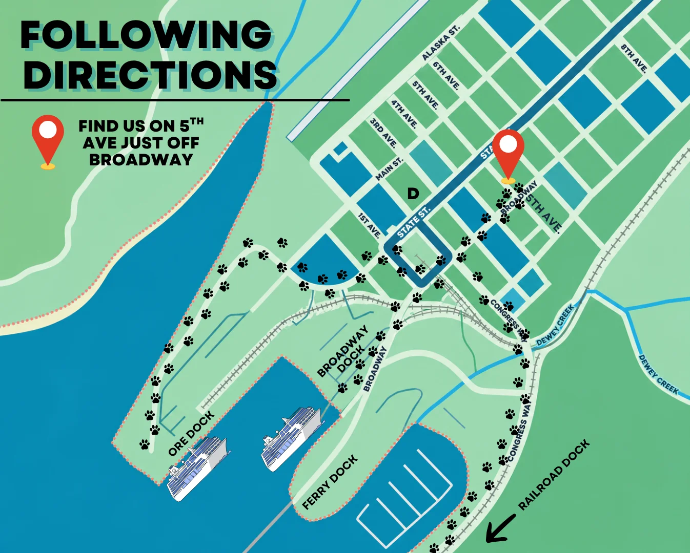 Map showing directions to a restaurant near Broadway and 5th Ave