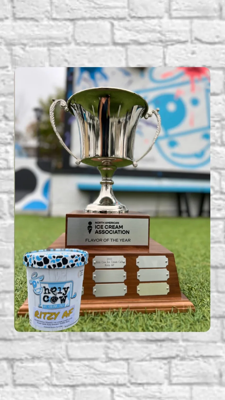 Award-winning ice cream flavor trophy with container