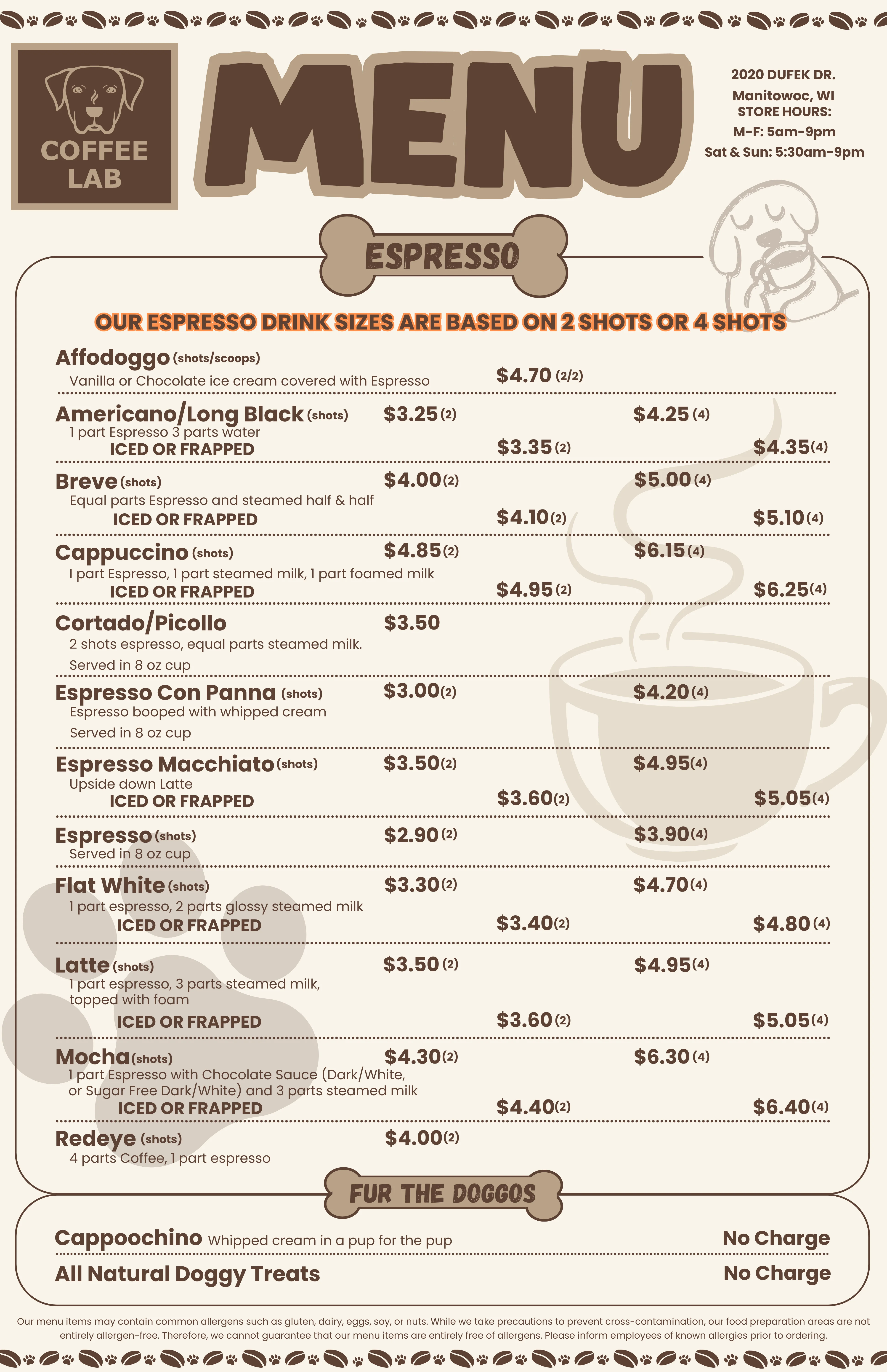 Coffee menu featuring various espresso drinks and dog-friendly options