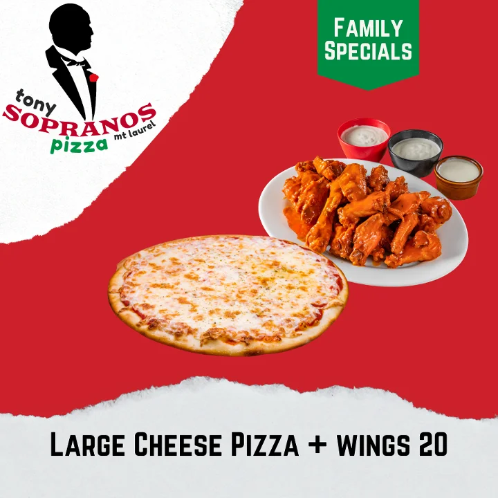 An image showcasing a single large cheese pizza accompanied by a plate of wings and dipping sauces, designed for family sharing.