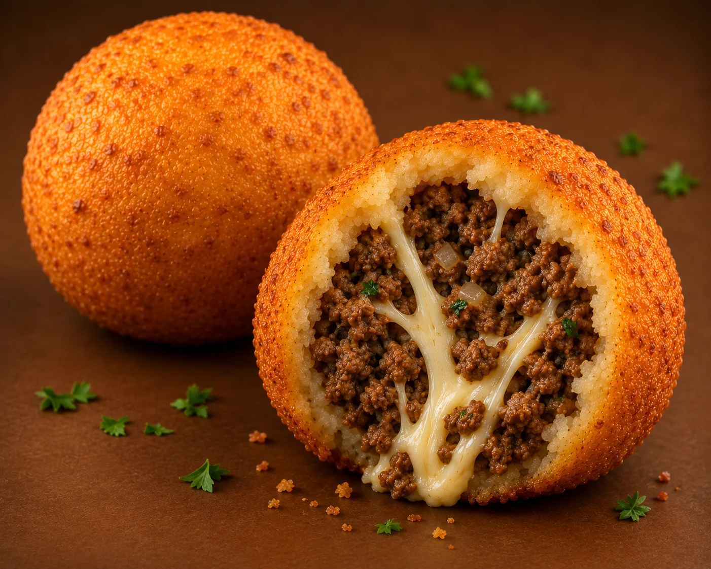 A golden fried ball filled with ground meat and cheese, with one cut in half to show the rich filling, set against a brown background.