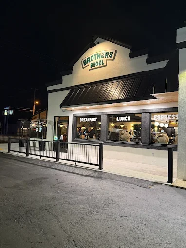 Exterior view of Brothers Bagel restaurant at night