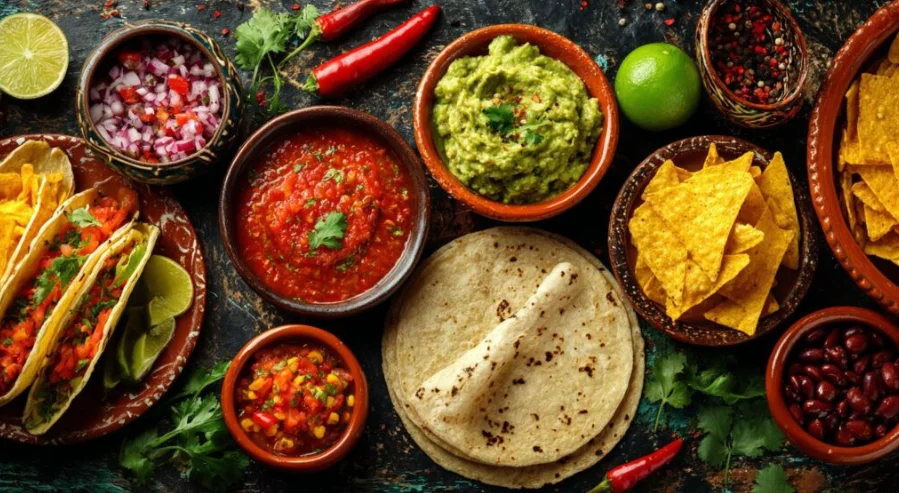 Colorful Mexican taco platter with guacamole and salsa