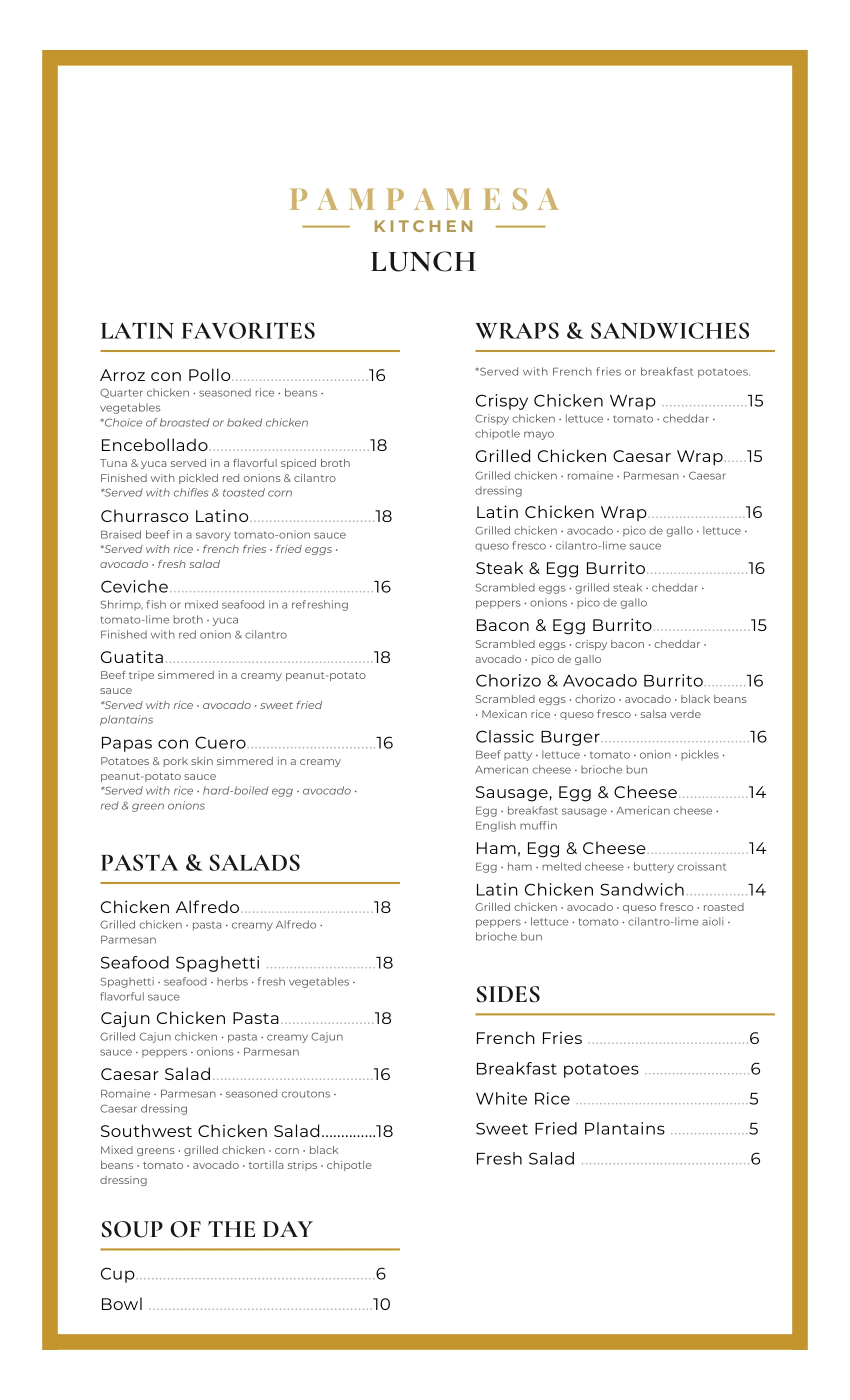 Lunch menu featuring Latin favorites and wraps