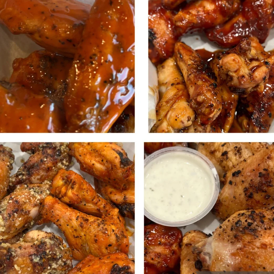 A collection of chicken wings in various sauces, including a creamy dip, arranged in a collage format.