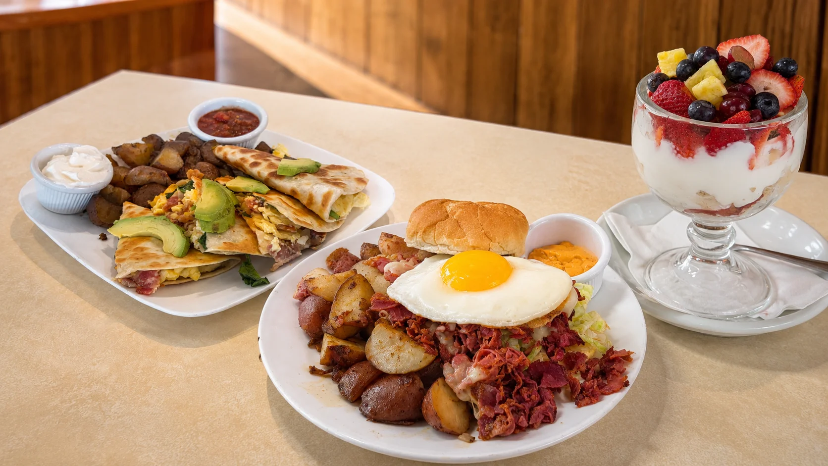 Hearty breakfast platter with huevos rancheros and fruit parfait