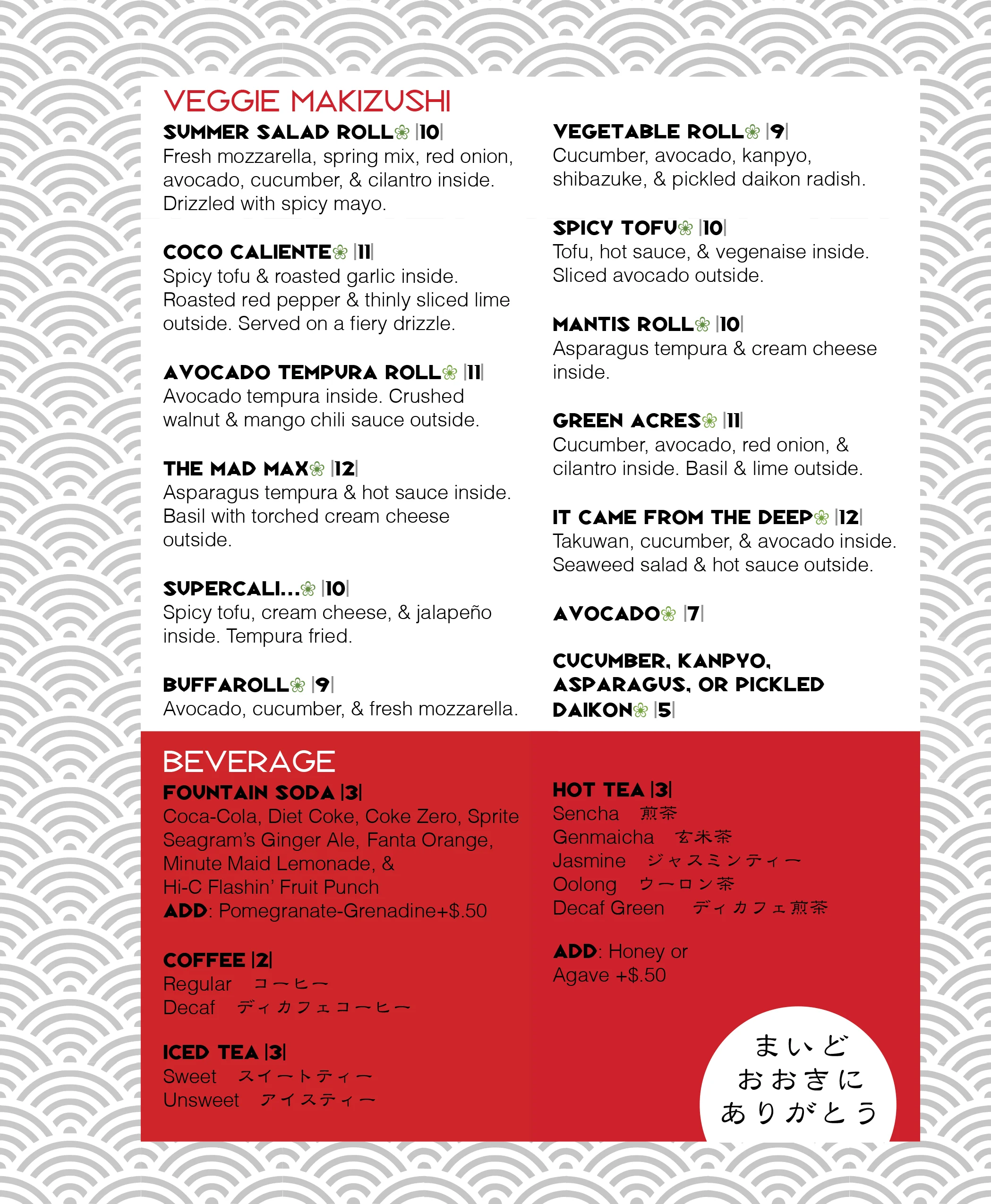 Variety of Japanese veggie makizushi rolls on a menu