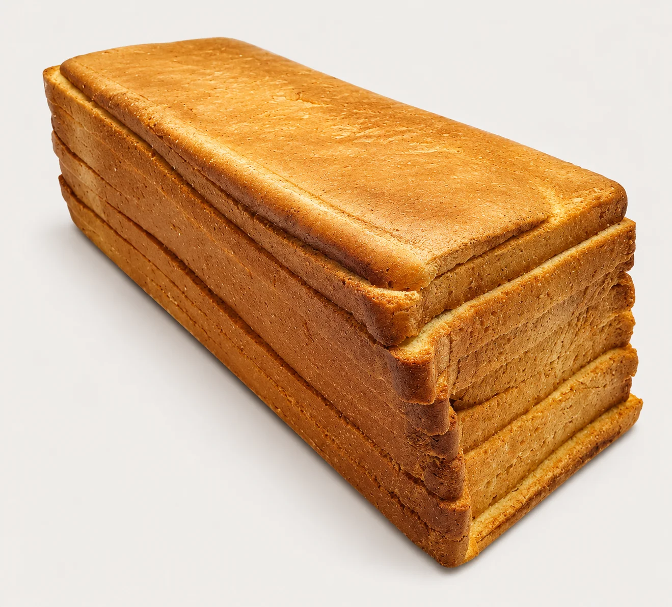 A loaf of golden-brown, stacked bread with a smooth surface.
