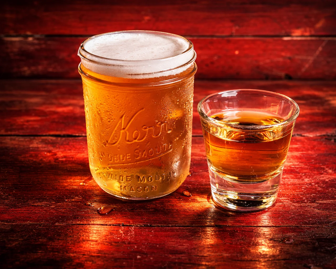 mason jar with beer and a shot of whiskey
